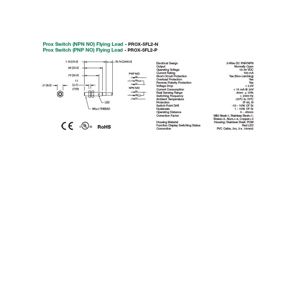 PROX-5FL2-P NUMATICS/AVENTICS CYLINDER SWITCH<BR>PROX, PNP 10-36VDC, LED, 2M LEAD